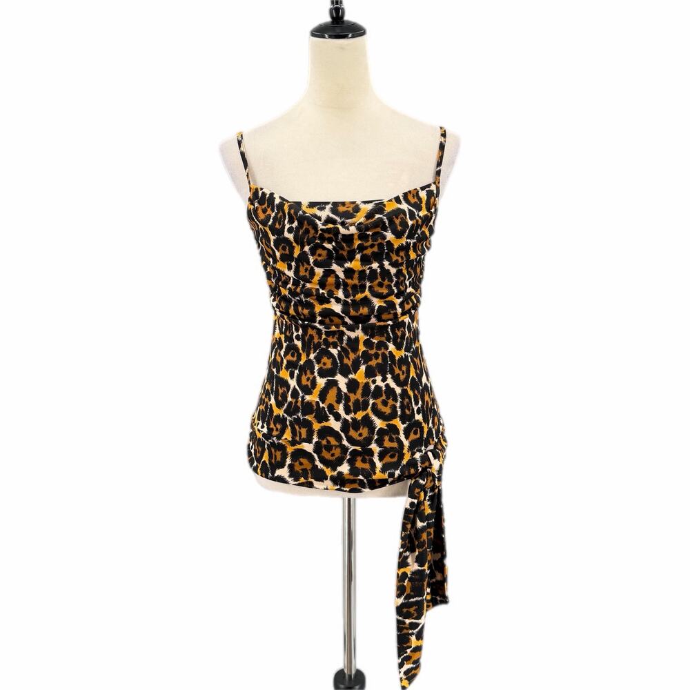 Trina Turk Y2K 100% Silk Animal Leopard Cowl Side Tie Night Out Baddie Party Top